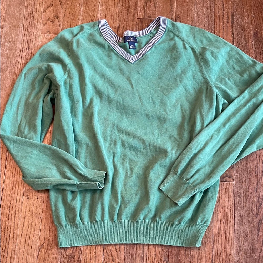 Brooks Brothers 346 Green V-Neck Sweater w/ Striped Collar Size XXL 100% cotton